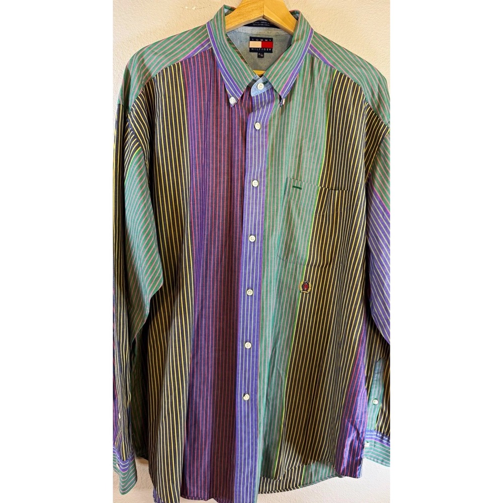 VINTAGE Tommy Hilfiger Mens XL Multicolor Striped Long Sleeve Button Down Cotton